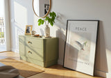 Peace To All Who Enter Here – Dove wall art with olive branch and soft calming tones.