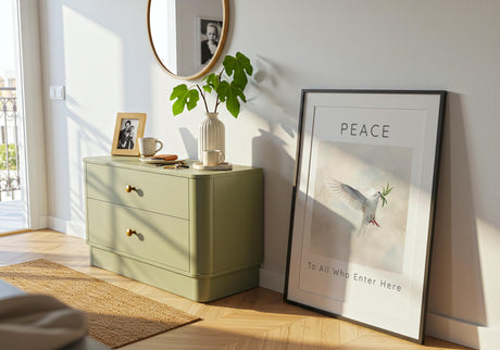 Peace To All Who Enter Here – Dove wall art with olive branch and soft calming tones.