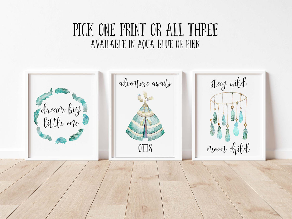 Personalized adventure prints for nursery, Turquoise and pink watercolor nursery prints, Adventure-themed nursery wall art