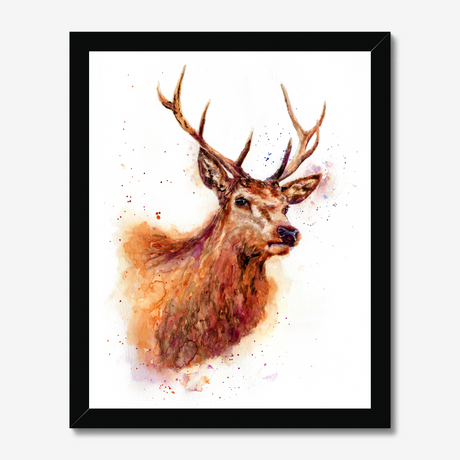 'Monarch of the Glen' - Stag wall art and deer print in rich russet, amber and burgundy watercolour tones, rustic wall art and country home decor buck print for cottage and highland inspired interiors by Crafty Cow Design.
