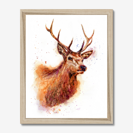 'Monarch of the Glen' - Stag wall art and deer print in rich russet, amber and burgundy watercolour tones, rustic wall art and country home decor buck print for cottage and highland inspired interiors by Crafty Cow Design.