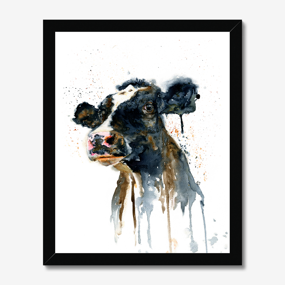 'Paint It Black' - Cow wall art print hung in a farmhouse kitchen, bold inky black and warm brown tones farm house home decor by Crafty Cow Design.