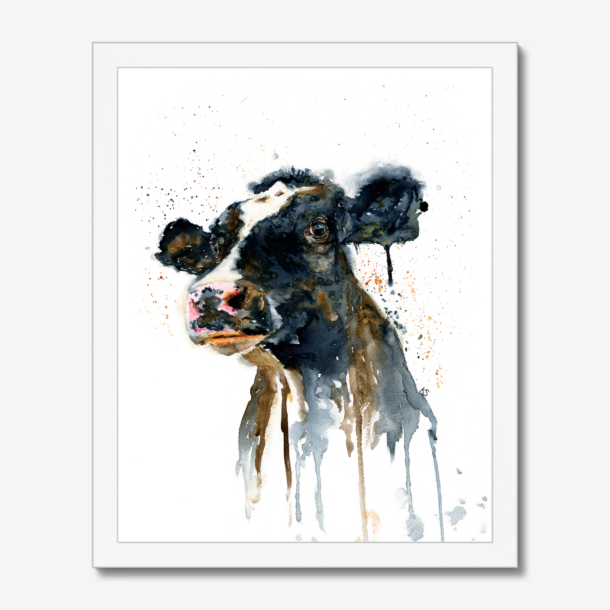 'Paint It Black' - Cow wall art print with expressive watercolour drips in bold inky black and warm brown tones, farm house home decor by Crafty Cow Design.
