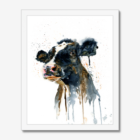 'Paint It Black' - Cow wall art print with expressive watercolour drips in bold inky black and warm brown tones, farm house home decor by Crafty Cow Design.