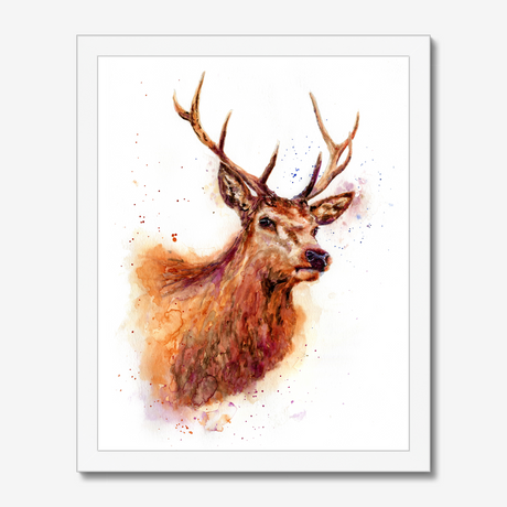 'Monarch of the Glen' - Stag wall art and deer print in rich russet, amber and burgundy watercolour tones, rustic wall art and country home decor buck print for cottage and highland inspired interiors by Crafty Cow Design.