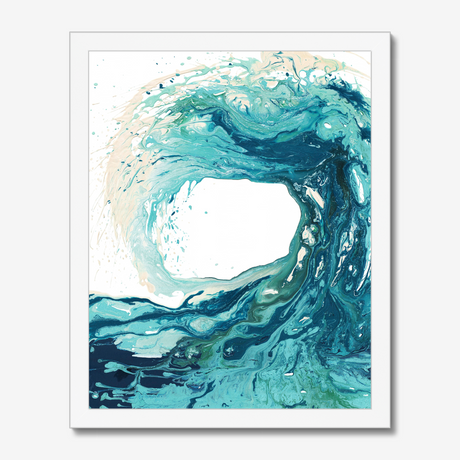 'Sandbanks Wave' - Ocean prints in fluid acrylic — a swirling abstract wave painting in turquoise, teal and deep navy with sandy cream tones, beautiful coastal home decor, by Crafty Cow Design.