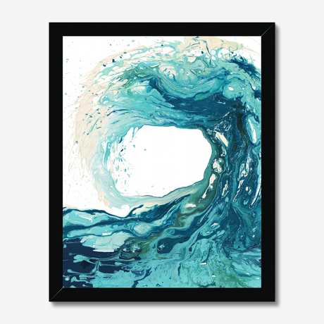 'Sandbanks Wave' - A dynamic fluid acrylic abstract wave painting in luminous turquoise and deep navy tones — ocean waves art with real energy and movement for coastal home decor, by Crafty Cow Design.