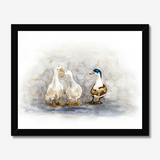 'Feathered Friends' - Duck print showing three characterful ducks in soft watercolour tones, birds wall art cottage inspiration by Crafty Cow Design.