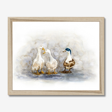 'Feathered Friends' - Duck print showing three characterful ducks in soft watercolour tones, birds wall art cottage inspiration by Crafty Cow Design.