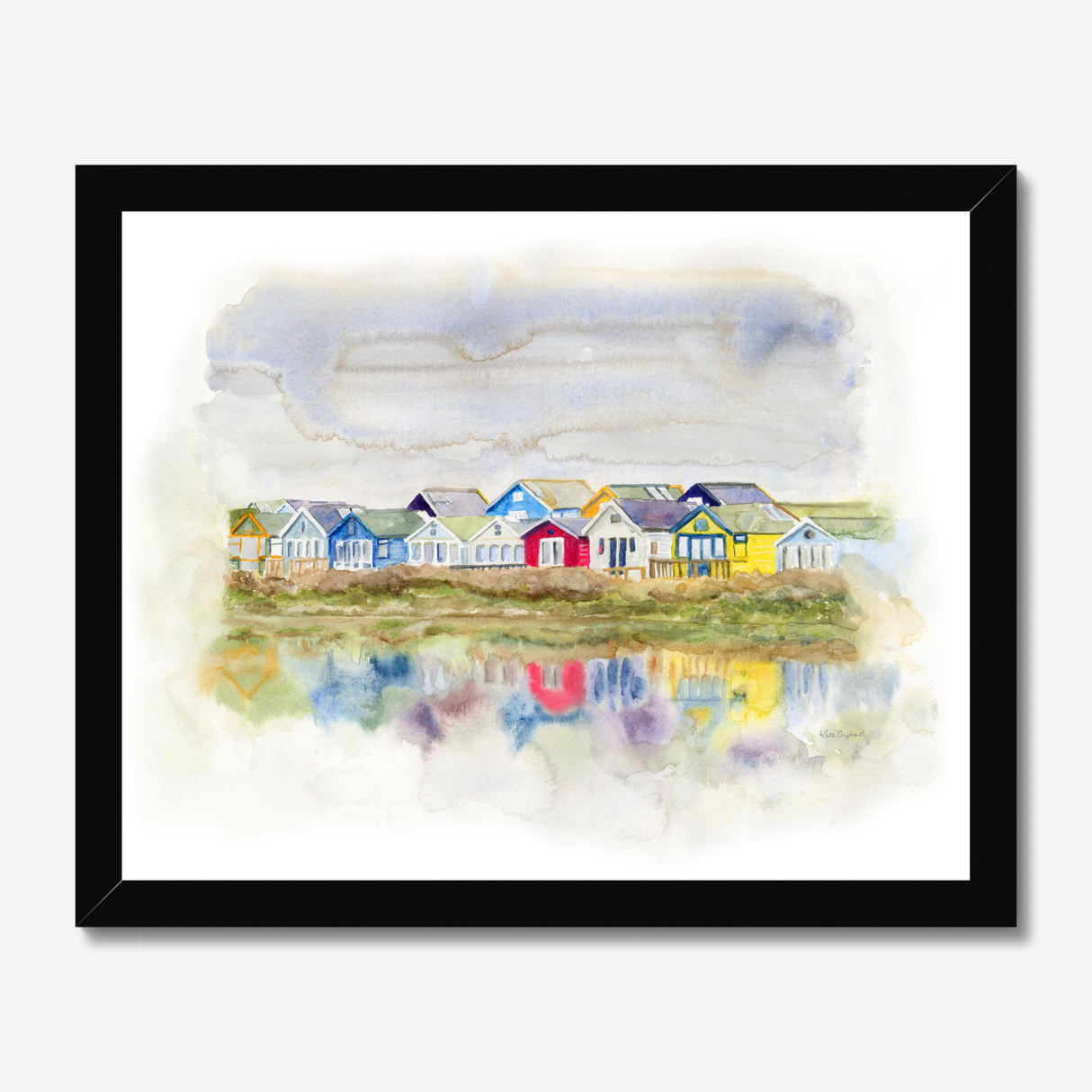 'Beach Huts 1' - A loose watercolour beach huts print of Mudeford Spit beach huts — Dorset prints and colourful seaside home decor with soft dreamy reflections, by Crafty Cow Design.