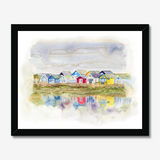 'Beach Huts 1' - A loose watercolour beach huts print of Mudeford Spit beach huts — Dorset prints and colourful seaside home decor with soft dreamy reflections, by Crafty Cow Design.