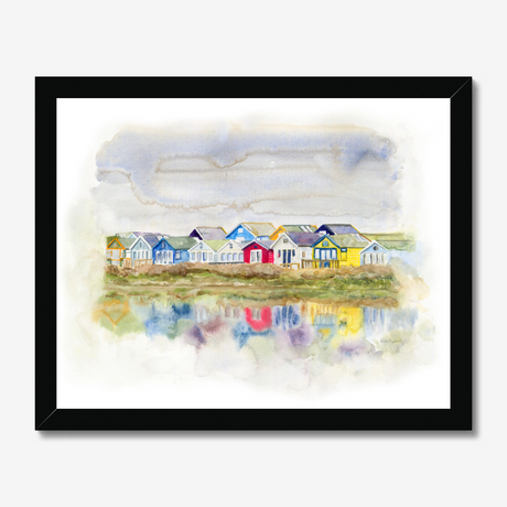 'Beach Huts 1' - A loose watercolour beach huts print of Mudeford Spit beach huts — Dorset prints and colourful seaside home decor with soft dreamy reflections, by Crafty Cow Design.