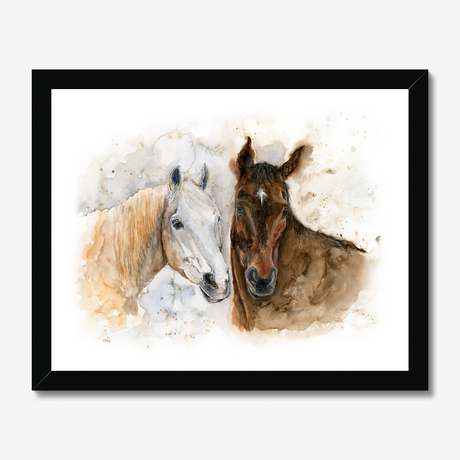 'Horse Friends' - Loose expressive watercolour horse portrait of a white and brown horse in soft, natural tones — a beautiful framed horses art print for country home decor, by Crafty Cow Design.