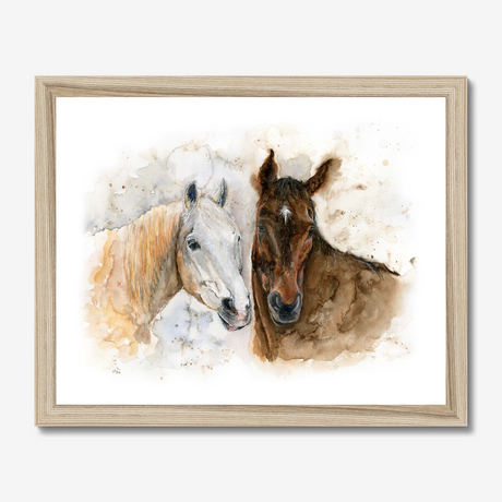 'Horse Friends' - Watercolour horse print framed in warm natural wood, showing two horses in quiet companionship — a timeless horse portrait print for hallways and living rooms, by Crafty Cow Design.