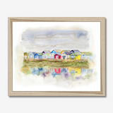'Beach Huts 1' - A loose watercolour beach huts print of Mudeford Spit beach huts — Dorset prints and colourful seaside home decor with soft dreamy reflections, by Crafty Cow Design.