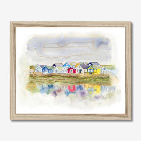'Beach Huts 1' - A loose watercolour beach huts print of Mudeford Spit beach huts — Dorset prints and colourful seaside home decor with soft dreamy reflections, by Crafty Cow Design.