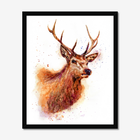 'Monarch of the Glen' - Stag wall art and deer print in rich russet, amber and burgundy watercolour tones, rustic wall art and country home decor buck print for cottage and highland inspired interiors by Crafty Cow Design.