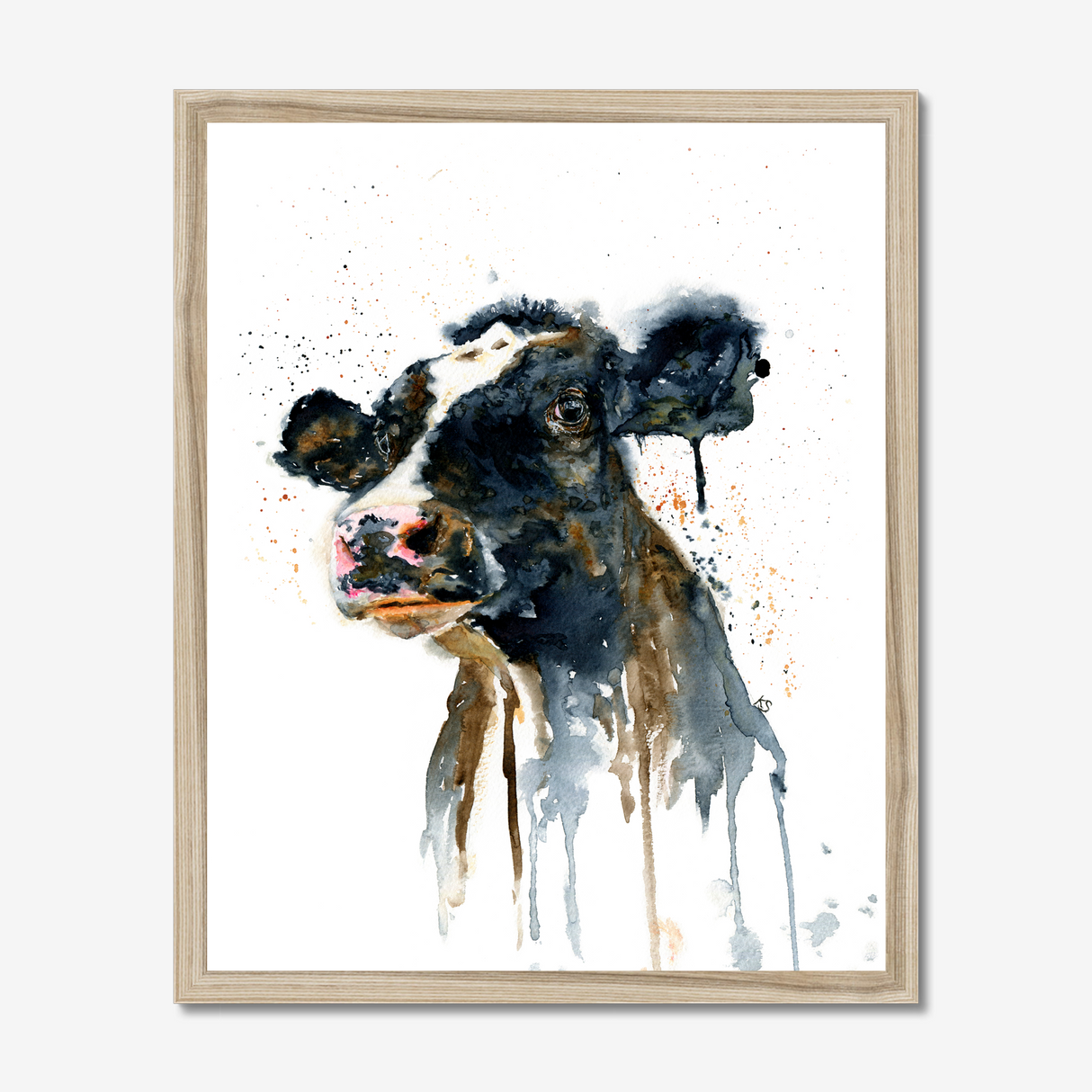 'Paint It Black' - Framed cow wall art print in natural wood frame, expressive black and white watercolour cow painting art, farm animal print by Crafty Cow Design.