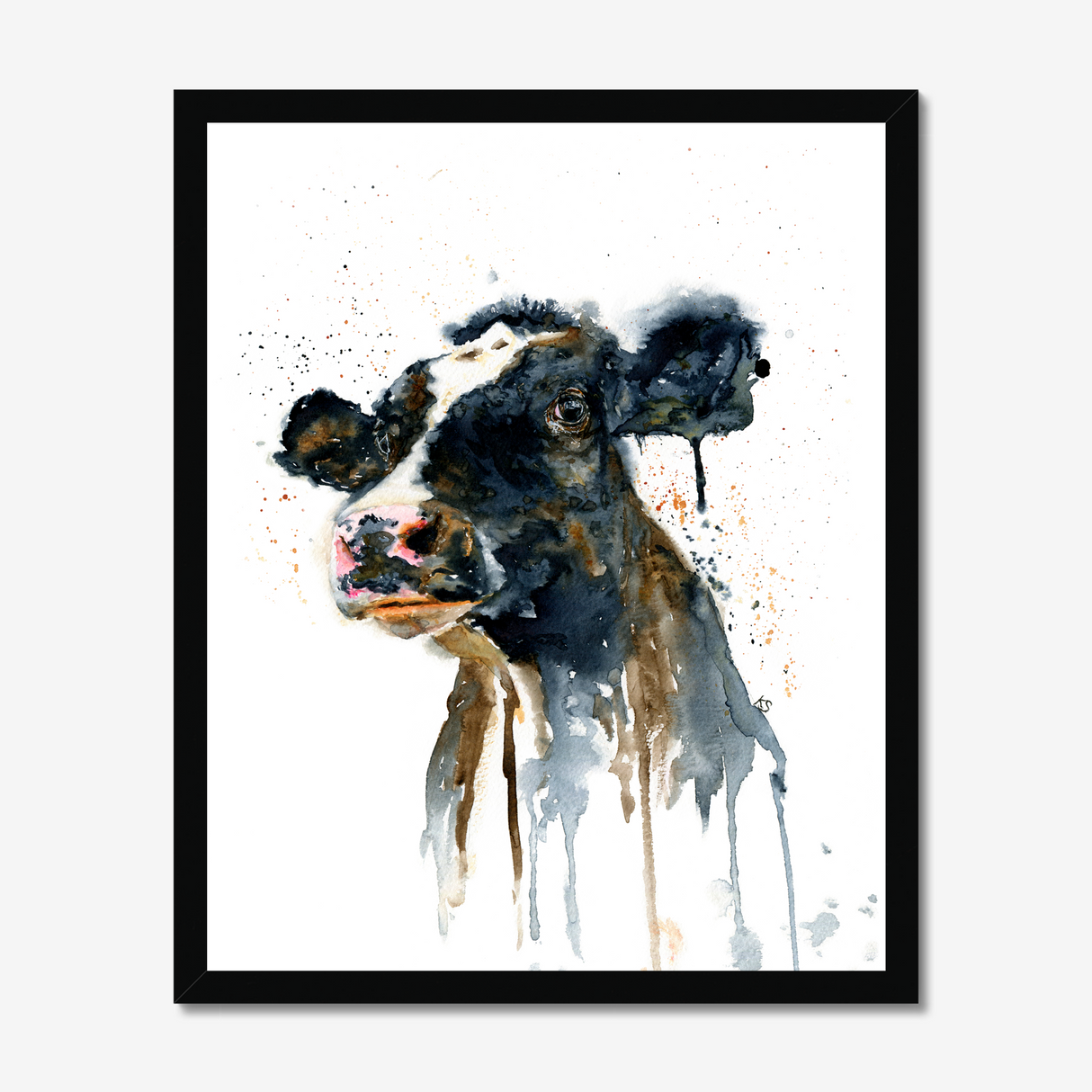 'Paint It Black' - Cow wall art print hung in a farmhouse kitchen, bold inky black and warm brown tones farm house home decor by Crafty Cow Design.