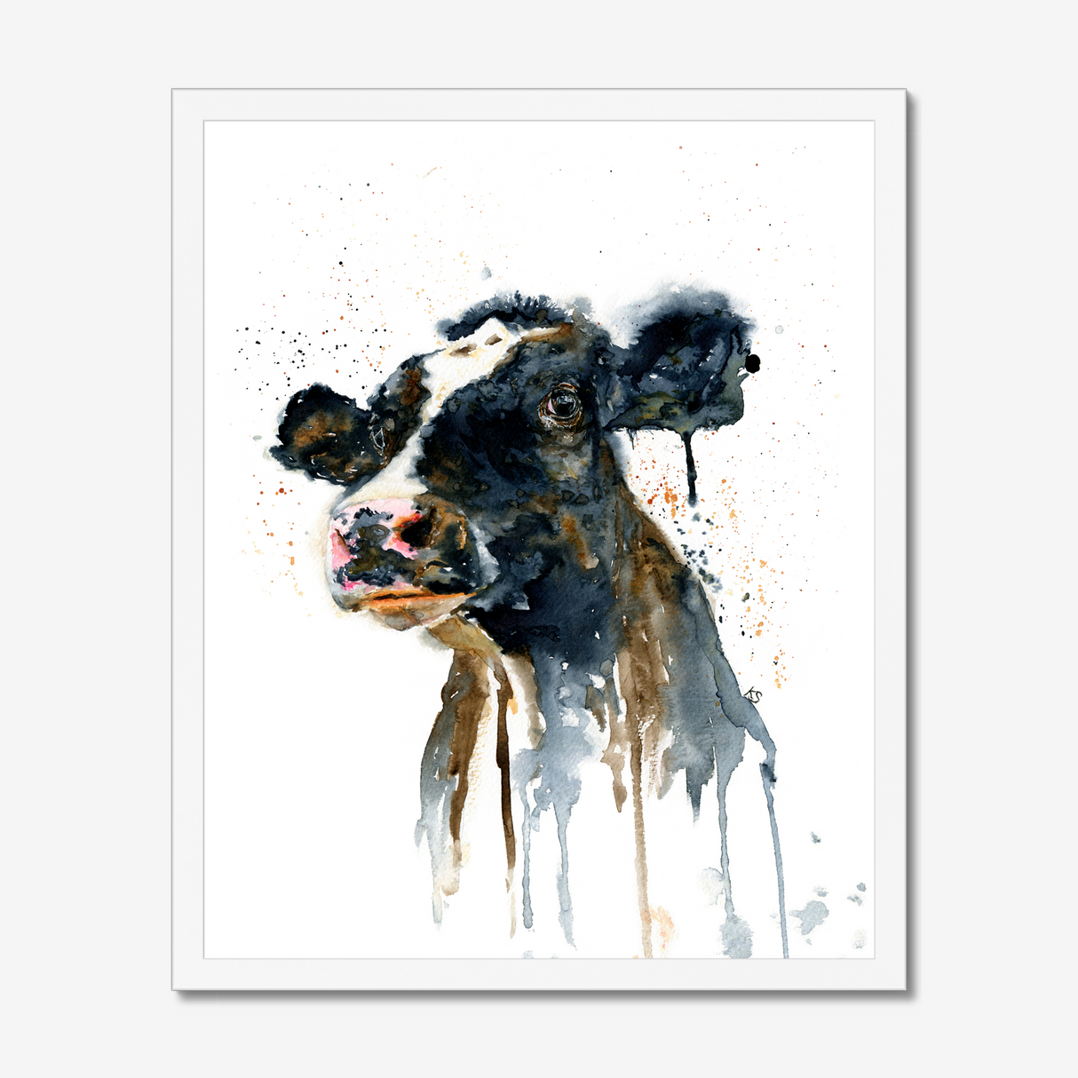 'Paint It Black' - Cow wall art print with expressive watercolour drips in bold inky black and warm brown tones, farm house home decor by Crafty Cow Design.