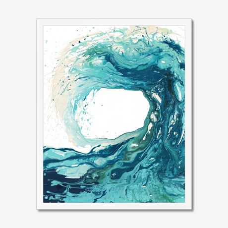 'Sandbanks Wave' - Ocean prints in fluid acrylic — a swirling abstract wave painting in turquoise, teal and deep navy with sandy cream tones, beautiful coastal home decor, by Crafty Cow Design.