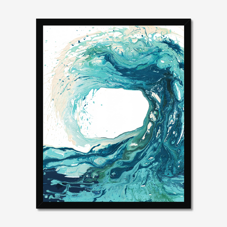 'Sandbanks Wave' - A dynamic fluid acrylic abstract wave painting in luminous turquoise and deep navy tones — ocean waves art with real energy and movement for coastal home decor, by Crafty Cow Design.