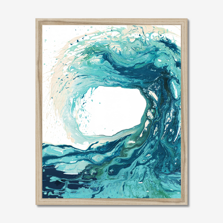 'Sandbanks Wave' - A dynamic ocean waves art print in fluid acrylic, swirling teal and turquoise with sandy cream and deep navy — abstract wave painting for coastal and contemporary homes, by Crafty Cow Design.
