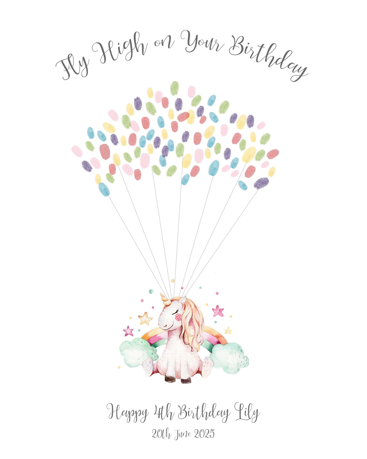 A whimsical unicorn print featuring blank balloon strings for guests to add their fingerprint balloons.