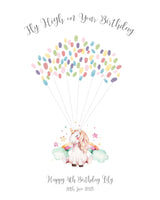 A whimsical unicorn print featuring blank balloon strings for guests to add their fingerprint balloons.