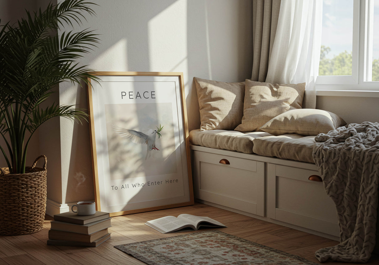 Peace To All Who Enter Here – White dove print symbolising hope and harmony.