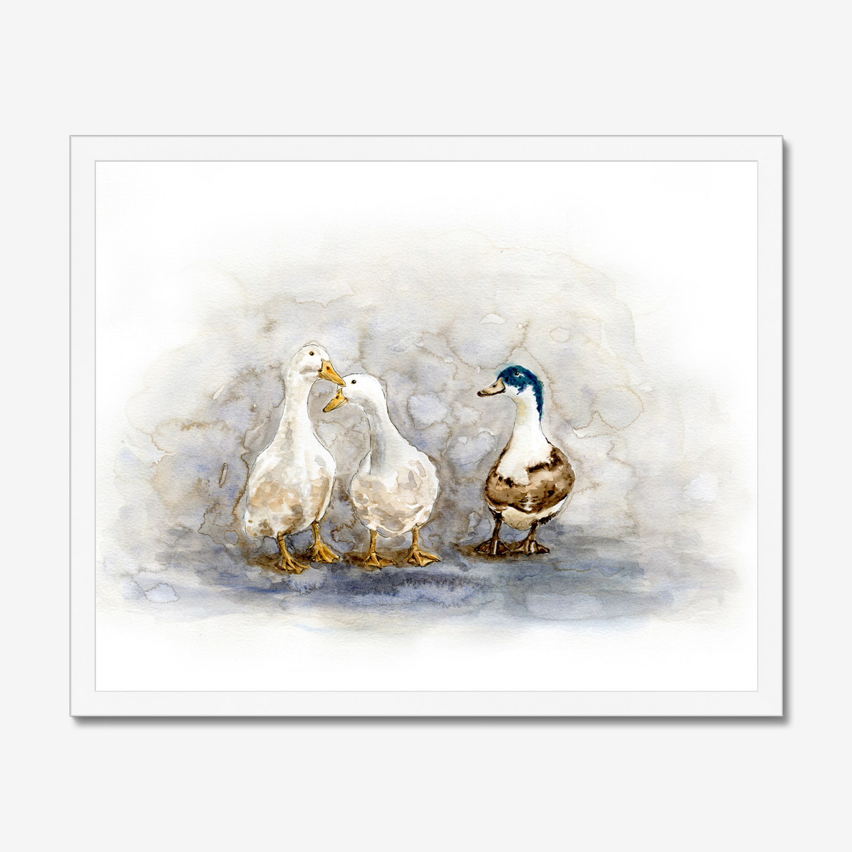 'Feathered Friends' - Duck print showing three characterful ducks in soft watercolour tones, birds wall art cottage inspiration by Crafty Cow Design.