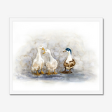 'Feathered Friends' - Duck print showing three characterful ducks in soft watercolour tones, birds wall art cottage inspiration by Crafty Cow Design.