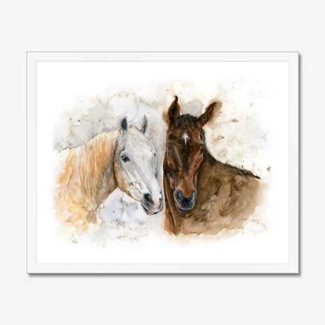 'Horse Friends' - Watercolour horse print framed in warm white wood, showing two horses in quiet companionship — a timeless horse portrait print for hallways and living rooms, by Crafty Cow Design.