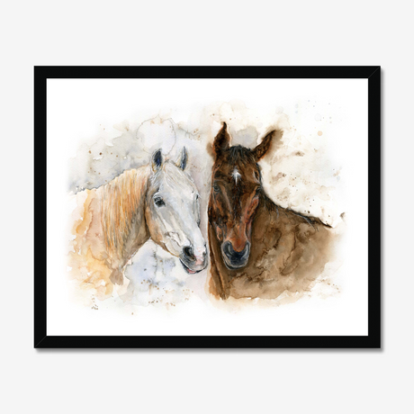 'Horse Friends' - Loose expressive watercolour horse portrait of a white and brown horse in soft, natural tones — a beautiful framed horses art print for country home decor, by Crafty Cow Design.