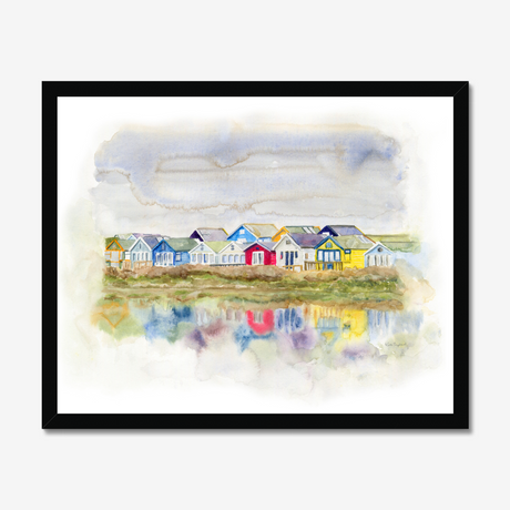 'Beach Huts 1' - A loose watercolour beach huts print of Mudeford Spit beach huts — Dorset prints and colourful seaside home decor with soft dreamy reflections, by Crafty Cow Design.