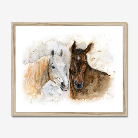'Horse Friends' - Watercolour horse print framed in warm natural wood, showing two horses in quiet companionship — a timeless horse portrait print for hallways and living rooms, by Crafty Cow Design.