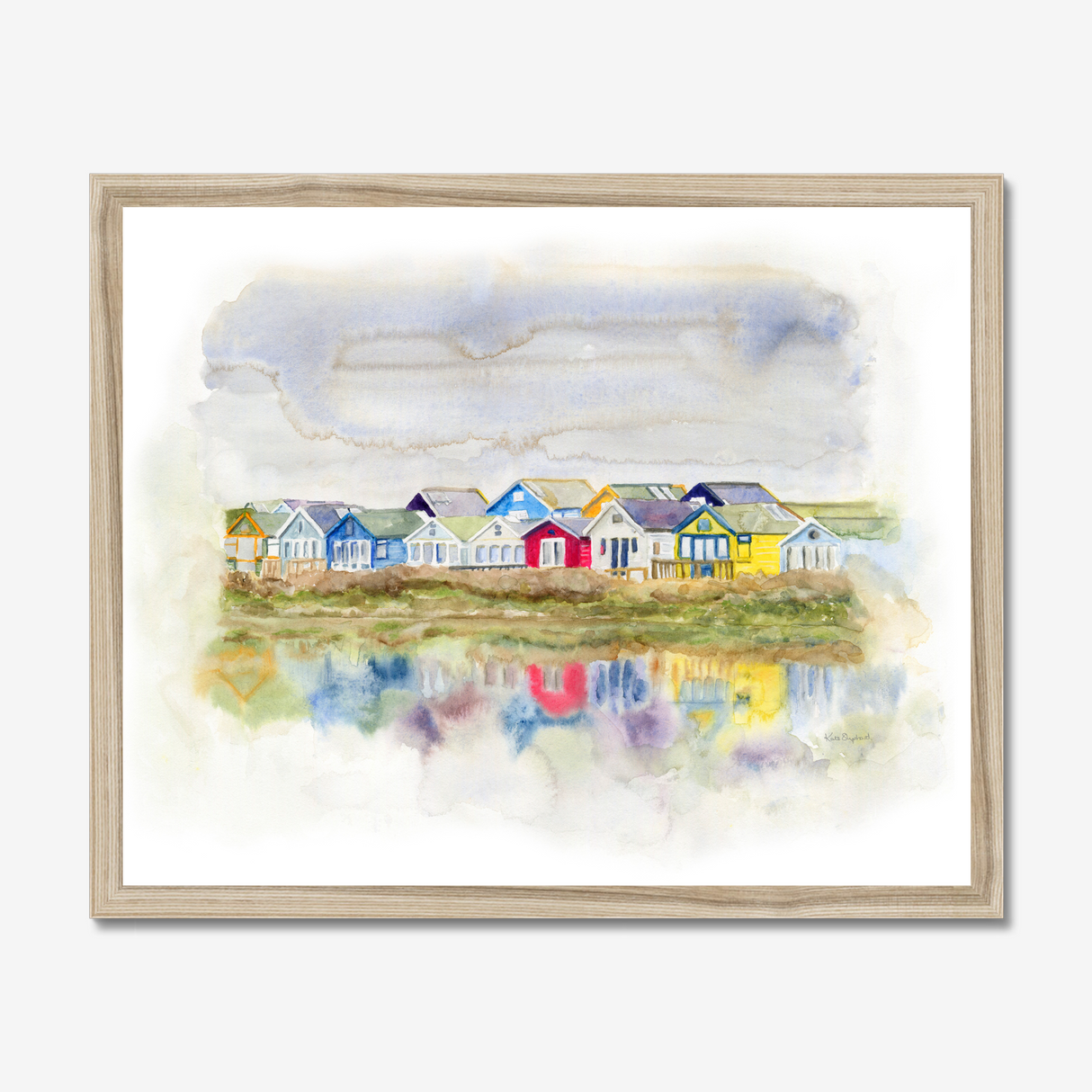 'Beach Huts 1' - A loose watercolour beach huts print of Mudeford Spit beach huts — Dorset prints and colourful seaside home decor with soft dreamy reflections, by Crafty Cow Design.