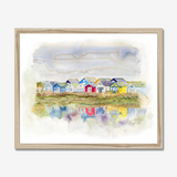 'Beach Huts 1' - A loose watercolour beach huts print of Mudeford Spit beach huts — Dorset prints and colourful seaside home decor with soft dreamy reflections, by Crafty Cow Design.