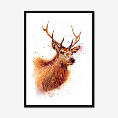 'Monarch of the Glen' - Stag wall art and deer print in rich russet, amber and burgundy watercolour tones, rustic wall art and country home decor buck print for cottage and highland inspired interiors by Crafty Cow Design.