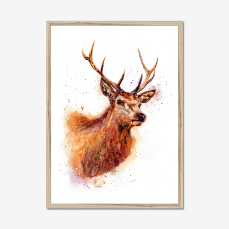 'Monarch of the Glen' - Stag wall art and deer print in rich russet, amber and burgundy watercolour tones, rustic wall art and country home decor buck print for cottage and highland inspired interiors by Crafty Cow Design.