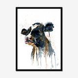 'Paint It Black' - Framed farm animal print in white frame, expressive black and white watercolour cow painting art countryside wall art by Crafty Cow Design.