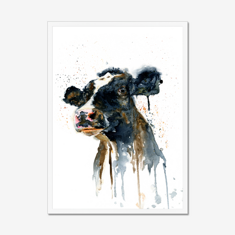 'Paint It Black' - Close-up detail of expressive watercolour cow painting art in bold inky black, farm animal print countryside wall art by Crafty Cow Design.