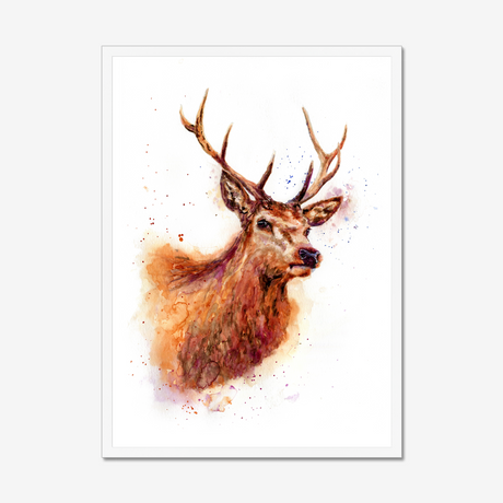 'Monarch of the Glen' - Stag wall art and deer print in rich russet, amber and burgundy watercolour tones, rustic wall art and country home decor buck print for cottage and highland inspired interiors by Crafty Cow Design.