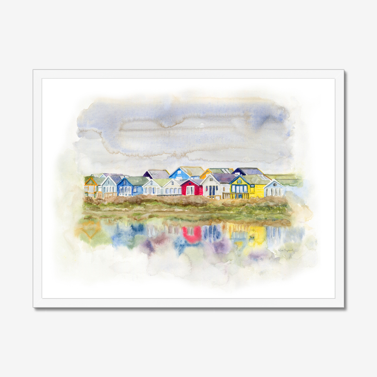 'Beach Huts 1' - Watercolour beach huts seascape painting of Mudeford Spit, Dorset — colourful coastal wall art with vibrant reflections in soft dreamy watercolour, by Crafty Cow Design.