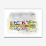 'Beach Huts 1' - Watercolour beach huts seascape painting of Mudeford Spit, Dorset — colourful coastal wall art with vibrant reflections in soft dreamy watercolour, by Crafty Cow Design.