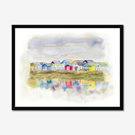 'Beach Huts 1' - Watercolour beach huts seascape painting of Mudeford Spit, Dorset — colourful coastal wall art with vibrant reflections in soft dreamy watercolour, by Crafty Cow Design.