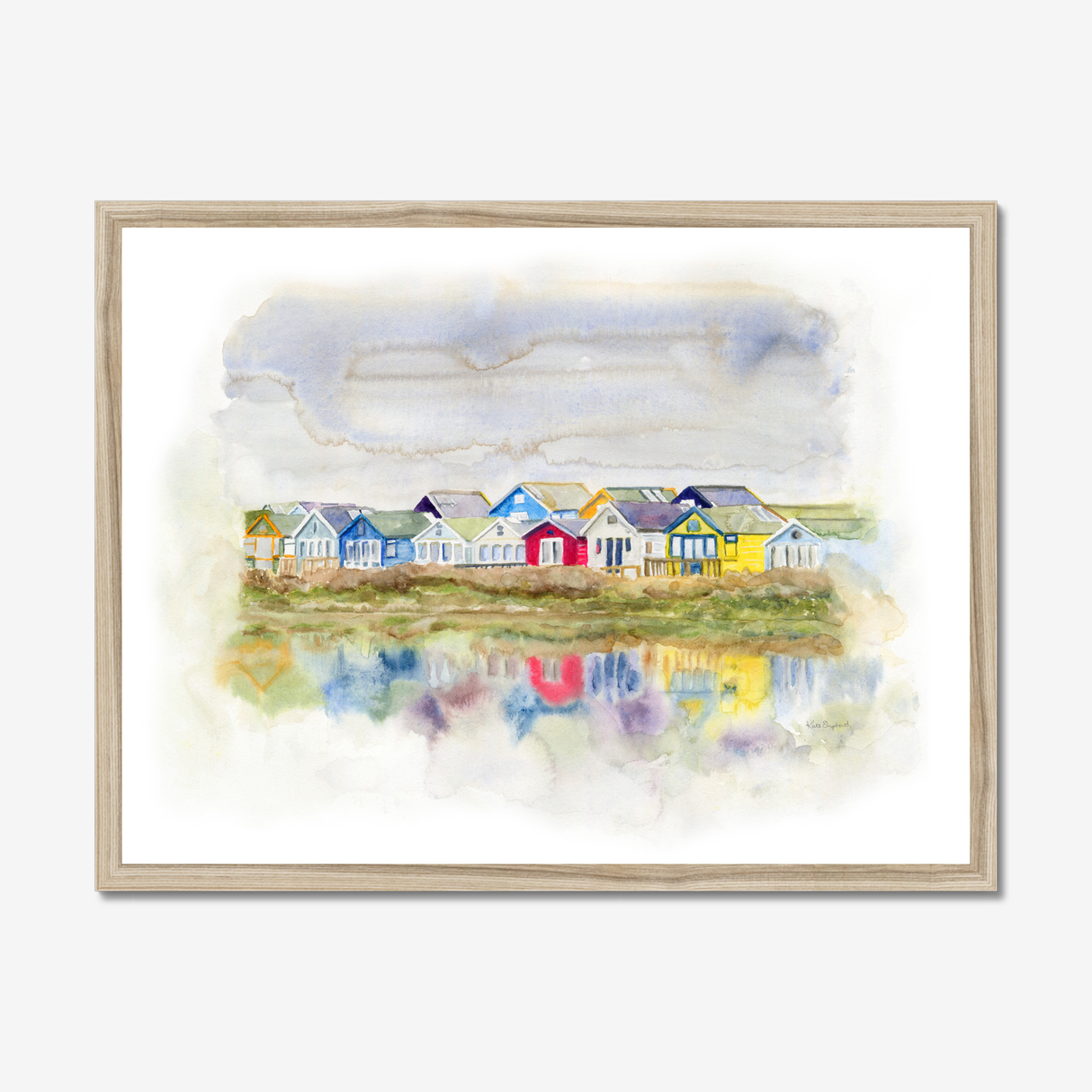 'Beach Huts 1' - Watercolour beach huts seascape painting of Mudeford Spit, Dorset — colourful coastal wall art with vibrant reflections in soft dreamy watercolour, by Crafty Cow Design.