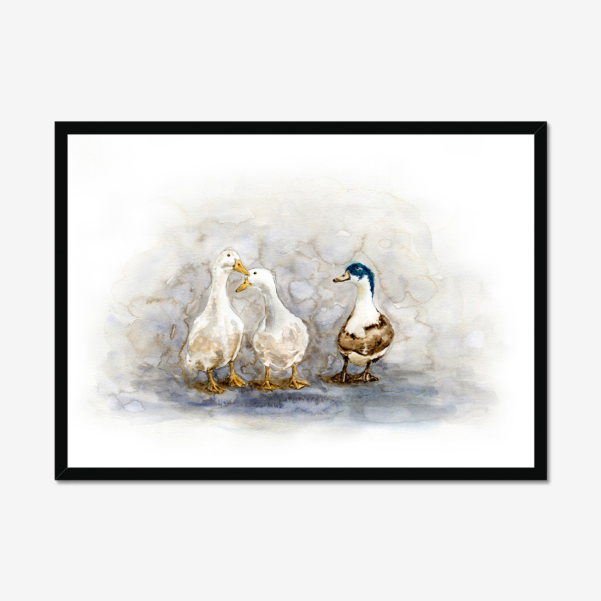 'Feathered Friends' - Duck print showing three characterful ducks in soft watercolour tones, birds wall art cottage inspiration by Crafty Cow Design.