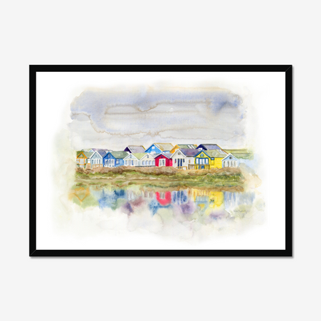 'Beach Huts 1' - Colourful Dorset prints of Mudeford beach huts in loose expressive watercolour — coastal wall art and seaside home decor in green, yellow, blue, red and grey, by Crafty Cow Design.