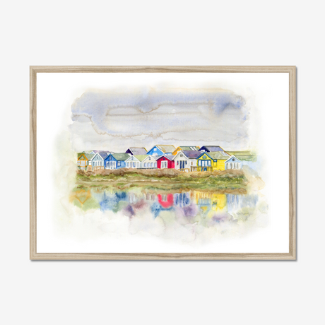 'Beach Huts 1' - Watercolour beach huts seascape painting of Mudeford Spit, Dorset — colourful coastal wall art with vibrant reflections in soft dreamy watercolour, by Crafty Cow Design.